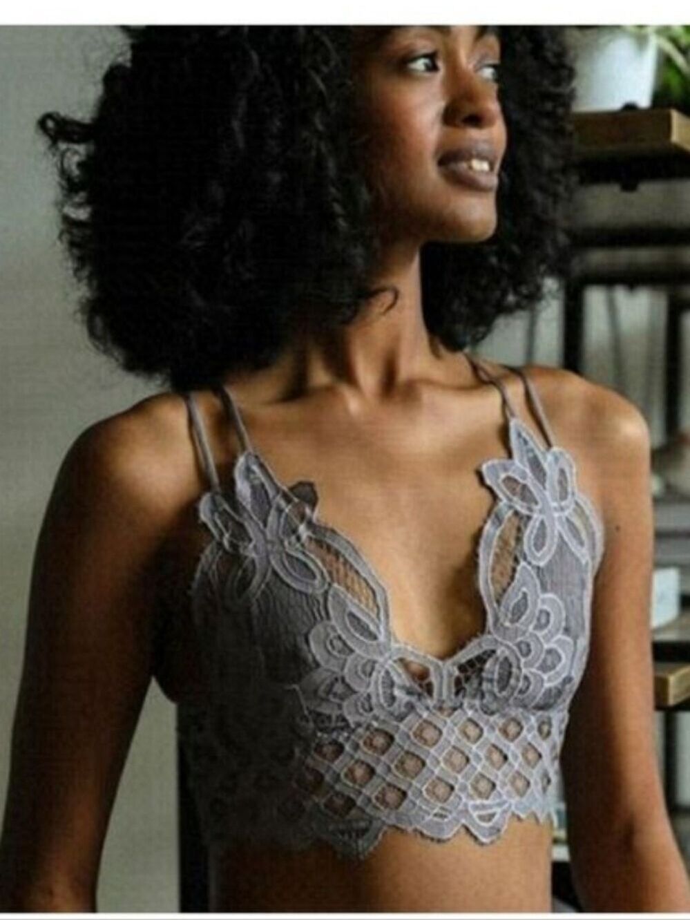 TRÏBE Gray Crochet Lace Longline Boho Bralette Size Medium NWT